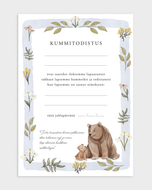 Täytettävä Karhu Kummitodistus A4