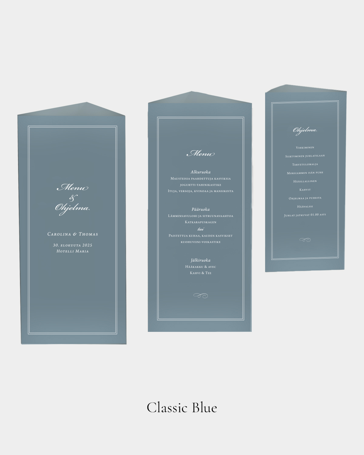 Classic_blue_poytakolmio_siniharmaa Classic Blue Menu-Ohjelma, pöytäkolmio